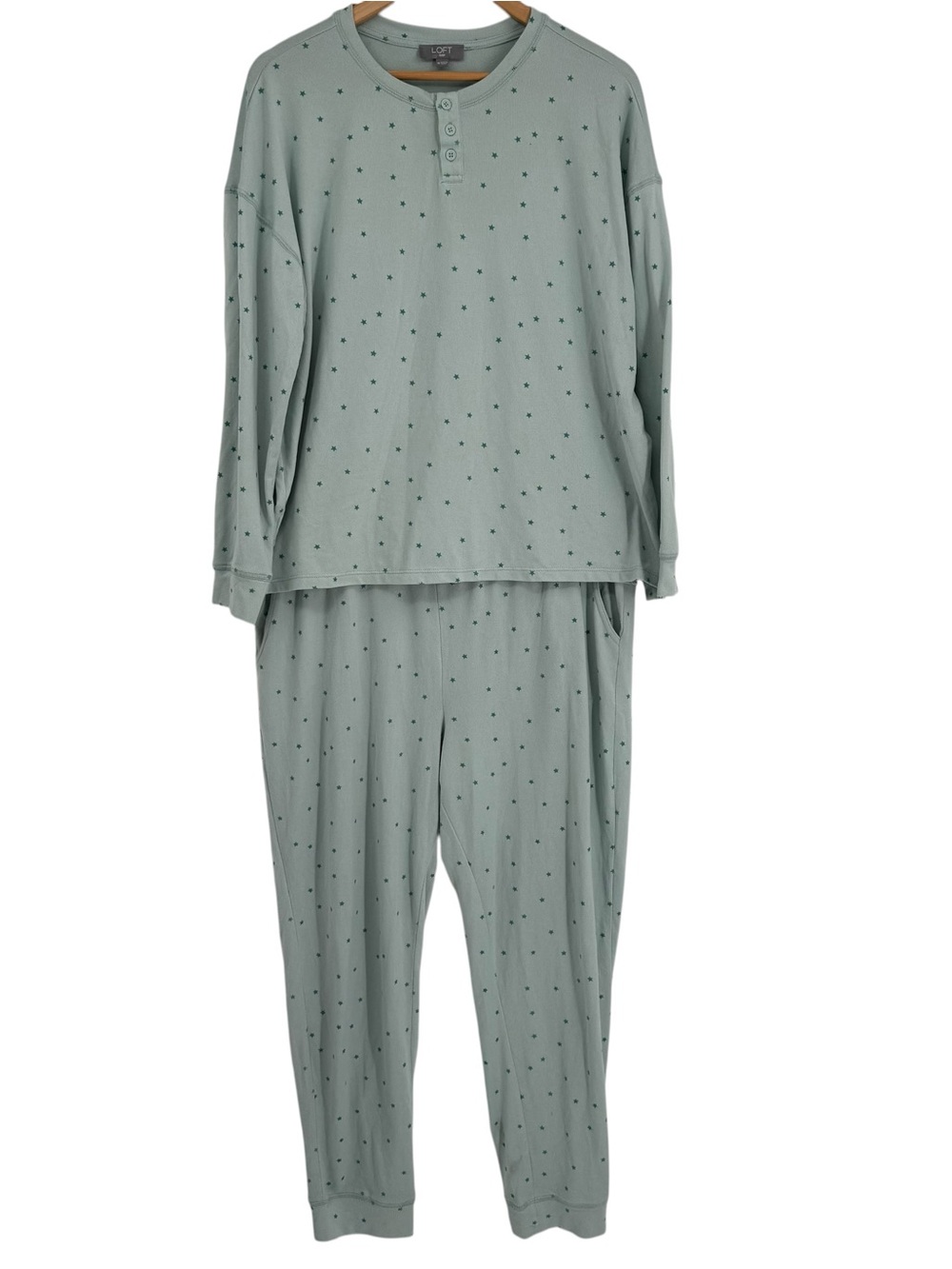 LOFT Sleep Woman's Henley Sleep Set Pajamas Long-Sleeve Size XL Blue Stars